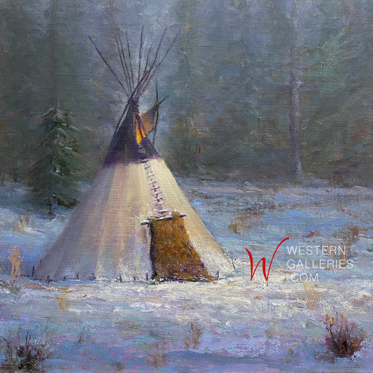 10x10 Original Oil Painting Native American Tipi Teepee in Woods Snow Winter Western Art by Artist Kathy Weigand | Western Galleries