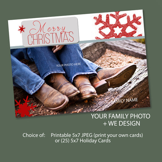 Printable: Red Snowflakes Holiday JPEG or 5x7 Cards - Your Photo