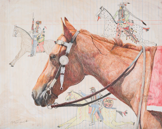 Southern Cheyenne Native American War Horse ledger art  by Clyde Lewis