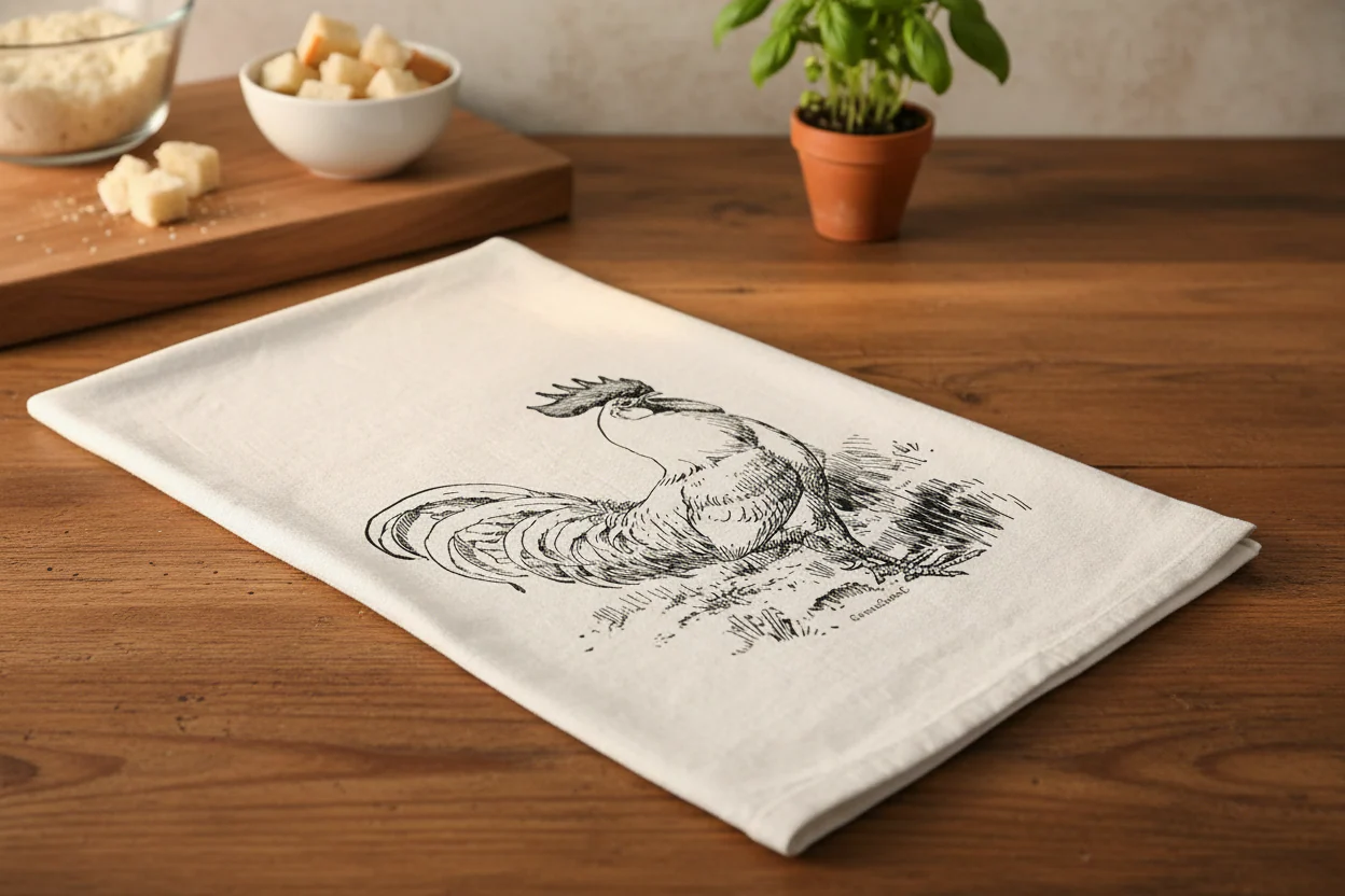 Chicken farmhouse Rooster kitchen tea towel available in the kitchen section at Western Galleries of Fredericksburg Tx.