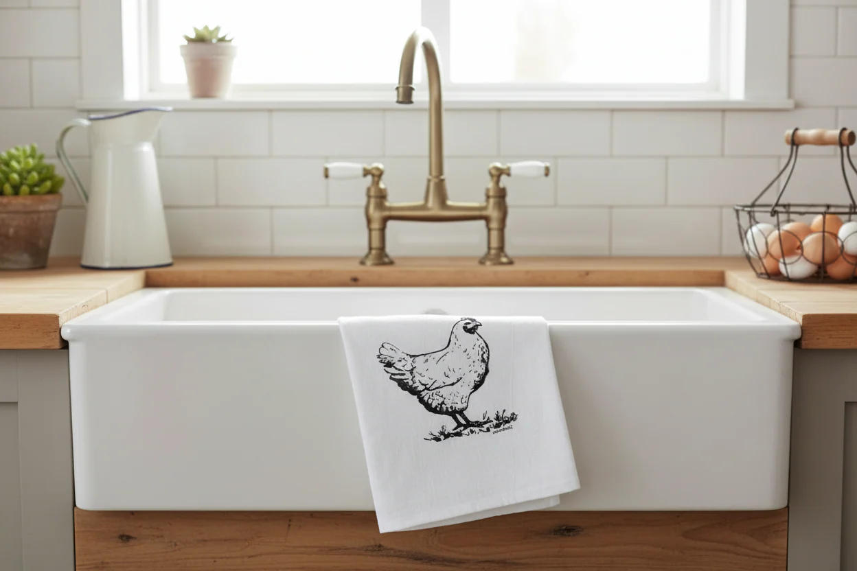 Chicken farmhouse hen kitchen tea towel available in the kitchen section at Western Galleries of Fredericksburg Tx.