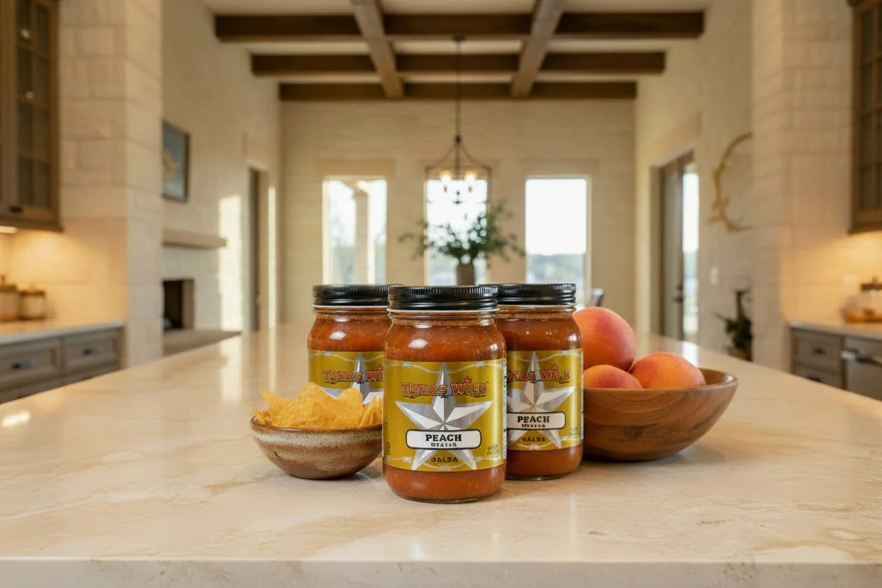 Texas Wild™ original peach salsa is made in Texas. View online for more info at Western Galleries of Fredericksburg TX.