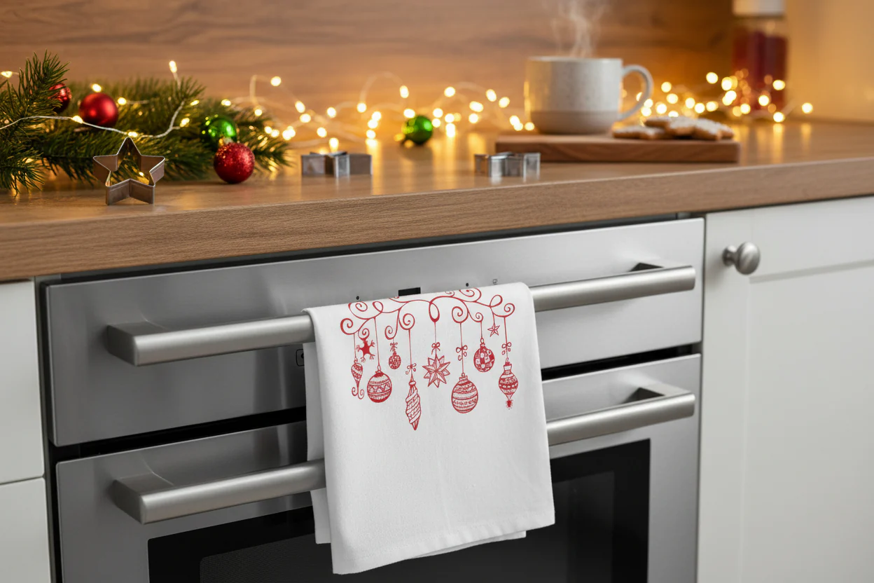 Vintage Christmas ornaments red printed kitchen tea towels for holiday kitchen goods, decor, and gifts.
