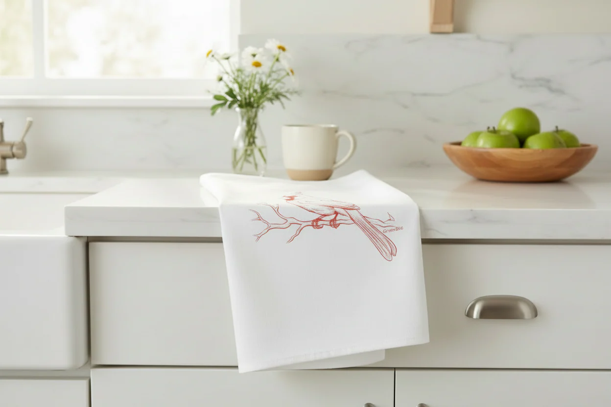 Red Cardinal wildlife red printed kitchen tea towel for wildlife themed kitchen decor and gift giving.